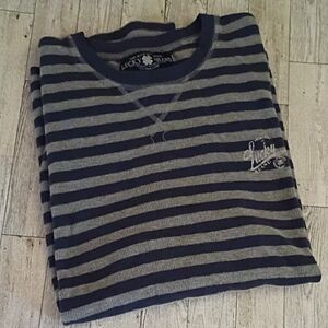 Lucky Brand Navy & Gray Striped Long Sleeve Logo Thermal  Women's Size Large EUC